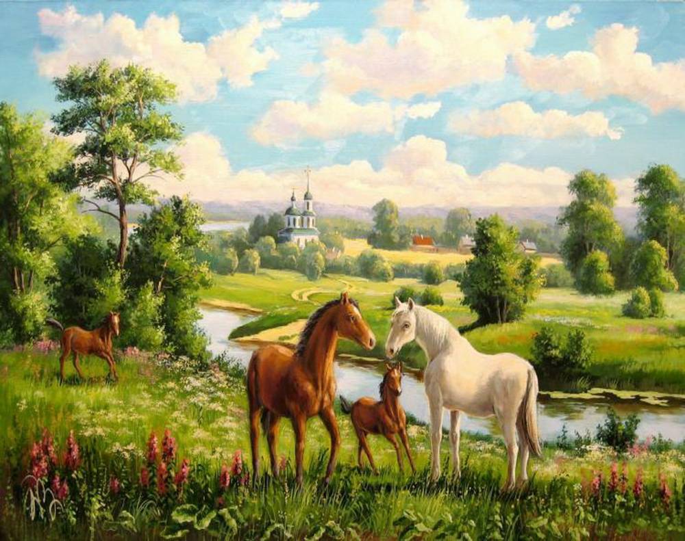 Летние пейзажи с лошадьми
